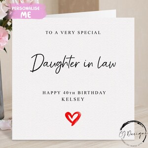 Carte d'anniversaire personnalisée belle-fille, coeur rouge N'IMPORTE QUELLE TEXTE /ÂGE/ Prénom 21 30 30 35 40 45 50 60 65 70 75 80 85