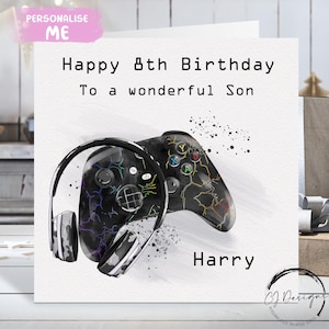 Gepersonaliseerde zoon gamer verjaardagskaart middelgrote of grote kaart gamekaart naam en leeftijd 6e 7e 8e 9e 10e 11e 12e 13e 14e 15e 16e 17e