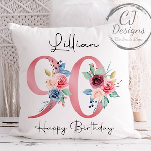 Cojín de recuerdo con motivo del 90.º cumpleaños: diseño floral rosa, funda de cojín blanca súper suave