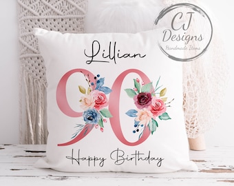 90th Birthday Gift Milestone Cushion Keepsake - Pink Floral Design White Super Soft Cushion Cover