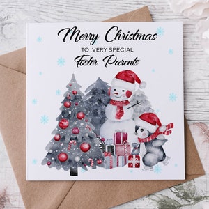Weihnachtskarte für Pflegeeltern, mit Weihnachtsbaum, Schneemann und Pinguin Grußkarte