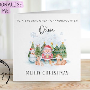 Carte de Noël personnalisée pour arrière-petite-fille, père Noël, bonhomme de neige avec animaux de la forêt