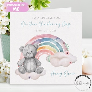 Biglietto di auguri personalizzato per il battesimo del figlio, nome e data, biglietto di auguri con orsetto arcobaleno, ricordo del giorno del battesimo per lui