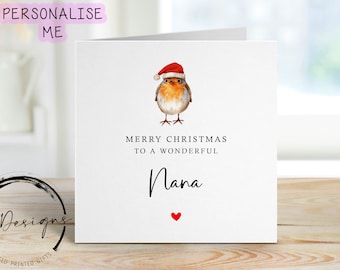 Christmas Card For Nana with Robin wearing a Christmas Hat, Merry Christmas Greeting Card Simple Design Christmas