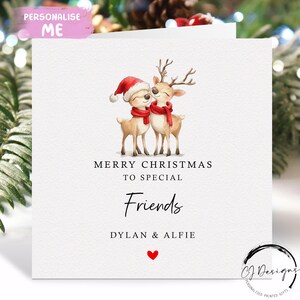 Biglietto di Natale personalizzato per amici - Biglietto con coppia di renne amorevoli e cuore rosso
