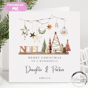 Biglietto di Natale personalizzato per figlia e partner - Biglietto di coppia con tema rustico e boho con nomi