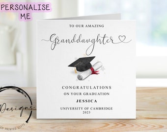 Personalised Granddaughter Graduation Card- with Cap & Scroll- Name and University Medium or Large card ANY YEAR