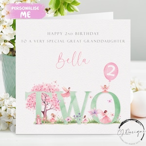 Personalisierte Zweites Geburtstagskarte für Urenkelin Rosa & Grüne Fee Geburtstagskarte - Kleines Mädchen 2. Geburtstag Zwei
