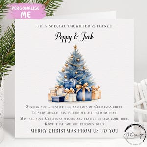 Biglietto di Natale personalizzato per figlia e fidanzato Albero di Natale blu Coppia Poesia Biglietto con nomi Coppia Biglietto da me o da noi