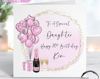Birthday Card For Daughter, Personalised Pink & Gold Theme with Balloons Any Age or Wording