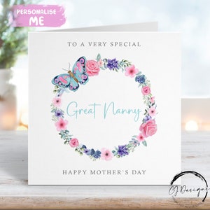 Great Nanny Mothers Day Card - blauwe en roze bloemen vlinderkrans - wenskaart