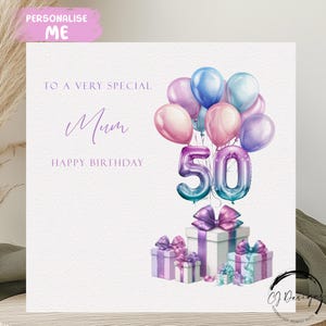 Carte d'anniversaire personnalisée pour maman, tout âge, ballons multicolores pastel 30e 40e 50e 60e 65e 70e 75e 80e 85e 90e 90e 100e