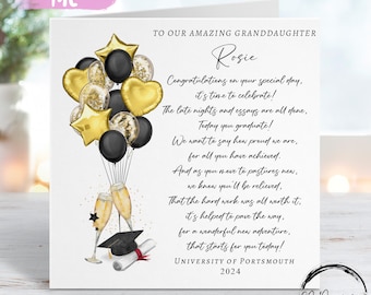 Carte de graduation personnalisée poème petite-fille - avec casquette, parchemin, champagne et ballons - à mon/à notre nom et à l'université, TOUTE L'ANNÉE