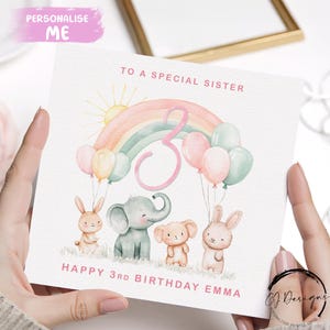 Cartão de aniversário personalizado para irmã, idade rosa, balões de arco-íris e animais, 1º, 2º, 3º, 4º, 5º, 6º, 7º, 8º, 9º e 10º ano, menina