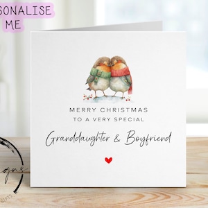 Kerstkaart voor kleindochter en vriend: kaart liefdevol Robin-paar en rood hart