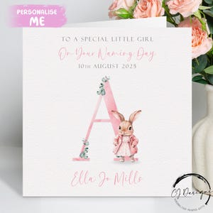 Personalisierte kleine Mädchen Namenstag Karte, Kaninchen Initial Name und Datum Grußkarte, Rosa Namenstag Andenken Geschenk
