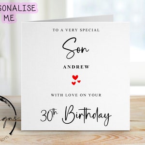 Carte d'anniversaire de fils personnalisée de tout âge et nom - Carte coeur pour lui, 16e 18e 18e 21e 30e 40e 40e 50e 60e 70e 80e