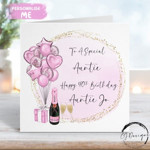 Personalisierte Tante Geburtstagskarte -Pink & Gold Thema mit Luftballons Jedes Alter 18.19., 20.21.30.40.50.60.70.80.90.100