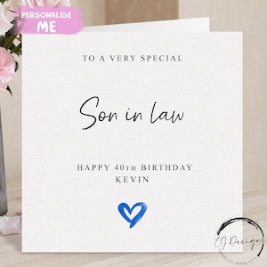 Carte d'anniversaire personnalisée gendre, coeur bleu N'IMPORTE QUELLE TEXTE /ÂGE/ Prénom 18e 21e 25e 30e 35e 40e 45e 50e 60e 65e 70e 75e 80e