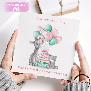 Cartão de aniversário personalizado para sobrinha, rosa e verde com balão de girafa e tigre, idades 1, 2, 3, 4, 5, 6, 7, 8, 9, 10, 1 a 12 anos