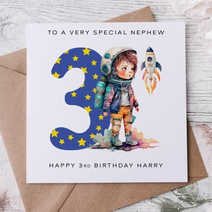 Cartão de aniversário personalizado para sobrinho astronauta, tema espacial para meninos, personalizado com nome e qualquer idade 1º, 2º, 3º, 4º, 5º, 6º, 7º e 8º