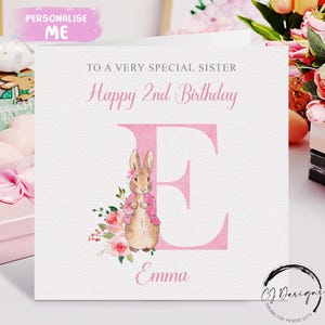 Biglietto di auguri di compleanno personalizzato per sorella Peter Rabbit, nome iniziale/qualsiasi età 1° 2° 3° 4° 5° 6° 7° 8° 9° Keepsake Girls Flopsy
