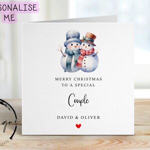 Gepersonaliseerde kerstkaart voor stelletjes - sneeuwpopkaart voor stelletjes en rood hart