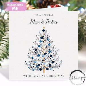 Mum & Partner kerstkaart blauwe kaart met minimale themaboom