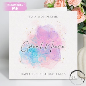 Carte d'anniversaire personnalisée petite nièce avec éclaboussures violet, bleu et rose Tout âge 14e 15e 16e 18e 19e 20 21e 30e 40e 50e 60e