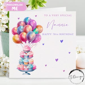 Biglietto di auguri di compleanno personalizzato per la tata, design multicolore, torte e palloncini, qualsiasi età: 40°, 50°, 60°, 65°, 70°, 75°, 80°, 85°, 90°, 95°, 100°