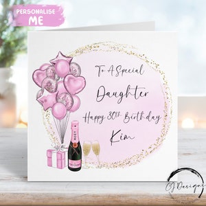 Personalisierte Geburtstagskarte für Tochter - Pink & Gold-Thema mit Luftballons Grußkarte jedes Alter 16, 18, 21, 30, 40, 50, 60, 70, 80