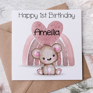 Tarjeta de cumpleaños personalizada con osito de peluche para niño o niña, rosa o azul, 1.º, 2.º, 3.º, 4.º y 5.º cumpleaños.