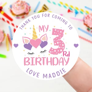 Adesivi personalizzati per compleanno unicorno - Adesivi di ringraziamento per sacchetti per feste di compleanno - Etichette per coni dolci per ragazze da 37 mm o 51 mm Dolcetto 1°, 2° e 3°