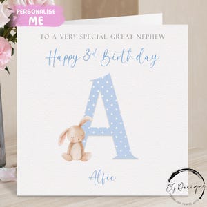 Cartão de aniversário personalizado para sobrinho-neto, nome inicial e idade, cartão de felicitações de coelho, 1º, 2º, 3º, 4º, 5º, 6º, 7º, 8º, 9º, lembrança para ele