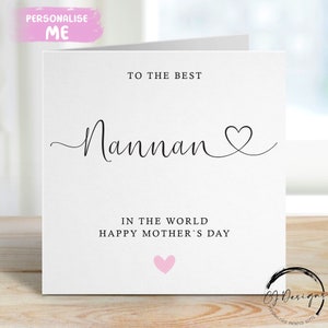Carte Nannan pour la fête des mères, police de caractères « Best Nannan in the World » cœur et cœur rose