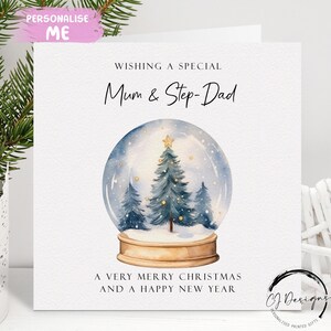 Carte de Noël maman et beau-père - Carte de couple boule à neige sapin de Noël des parents