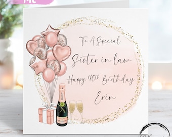 Personalised Sister in law Birthday Card Rose Gold & Gold Theme Balloons Any Age 18th 20th 21st 30th 40th 50th 60th 70th 80th 90th 100th