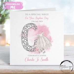 Personalised Niece Baptism  Card, Initial Name and Date Greeting Card, Baptism Day Keepsake