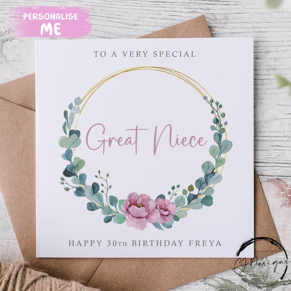 Personalised Great Niece Birthday Card -Eucalyptus Floral Wreath  Any Age/Name Greeting Card 14th 15th 16th 18th 21st 30th 40th, 50th 60th