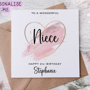 Gepersonaliseerde nichtje verjaardagskaart met roze thema hart ontwerp met leeftijd en naam 16e 18e 21e 30e 40e 50e 60e