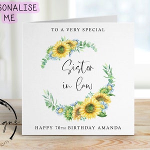 Carte d'anniversaire personnalisée belle-soeur - couronne de tournesols tout âge/nom, carte de voeux pour ses 30, 40, 50, 60, 70, 80, 90 ans