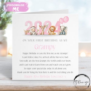 Carte d'anniversaire Grampy personnalisée - nom/âge, thème de la jungle rose, premier anniversaire comme mon poème, N'IMPORTE QUELLE TEXTE 1er 40e 50e 60e 70e 80e 90e