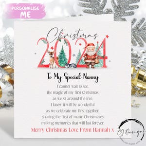Carte de Noël personnalisée nounou 2024 - poème/ verset - Père Noël et renne Premier Noël comme ma carte 1er Noël
