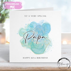 Personalisierte Papa Geburtstagskarte Blau, Grün & Gold Splash Design für jedes Alter 40 50 60 65 70 75 80 90 95 100