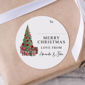 Etichette regalo adesive natalizie personalizzate con albero di Natale e regali - Etichette regalo rotonde con nome - Etichetta natalizia festiva - 37 mm/45 mm/51 mm/64 mm