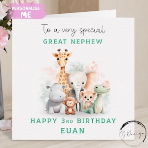 Carte d'anniversaire personnalisée arrière-neveu, nom d'animaux de safari et tout âge - pour petit garçon 1er 2e 3e 4e 5e 6e 7e 8e 9e 10e