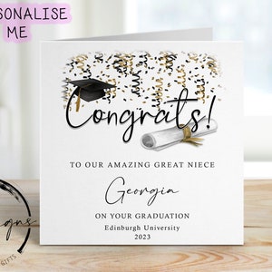 Carte personnalisée de remise des diplômes de l'arrière-nièce - avec casquette et parchemin - nom et université à mon/à notre - carte thème or félicitations incroyable