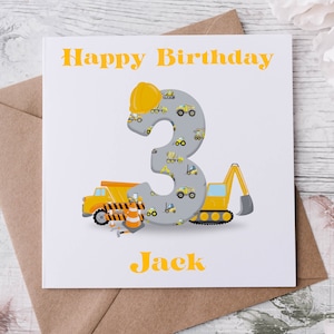Cartão personalizado de aniversário de 3 anos do Digger, aniversário de 1º, 2º, 3º, 4º, 5º, 6º, 7º, 8º, 9º, 10º aniversário do construtor de meninos