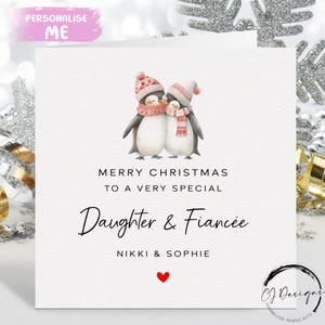 Tarjeta de Navidad personalizada para hija y prometida - Tarjeta de pingüinos de pareja femenina y corazón rojo