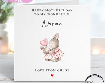 Personalised Nannie Mothers Day Card Nannie and Baby Bunny Rabbit Card For Her, Nan, Nannie, Nana, Grandma